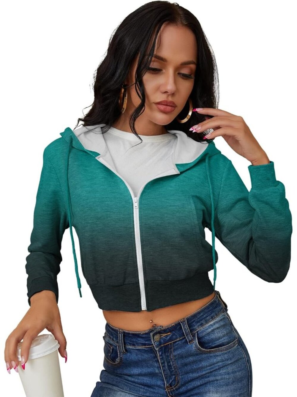 〽️Women's Blue Black Cropped Zip Hoodie Long Sleeve Hooded Jacket Casual Sweatsh